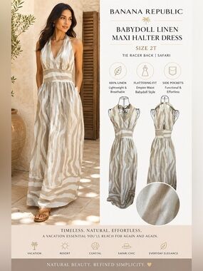 Banana Republic 100% Linen Halter Maxi Dress 2T Safari Resort Coastal Vacation